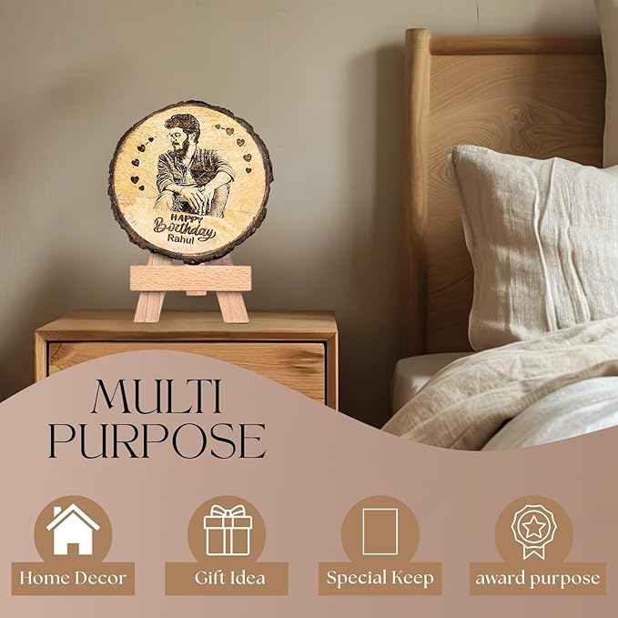 Giftanna Customize Engraved Natural Slice Wooden Round Photo Frame, Personalized Photo Gift For Birthday, Wedding, Real Wood Plaque With Wood Stand, Tabletop_ 5.5X5.5 Inches