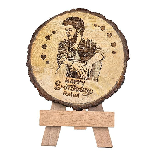 Giftanna Customize Engraved Natural Slice Wooden Round Photo Frame, Personalized Photo Gift For Birthday, Wedding, Real Wood Plaque With Wood Stand, Tabletop_ 5.5X5.5 Inches