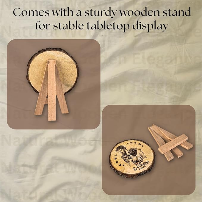 Giftanna Customize Engraved Natural Slice Wooden Round Photo Frame, Personalized Photo Gift For Birthday, Wedding, Real Wood Plaque With Wood Stand, Tabletop_ 5.5X5.5 Inches